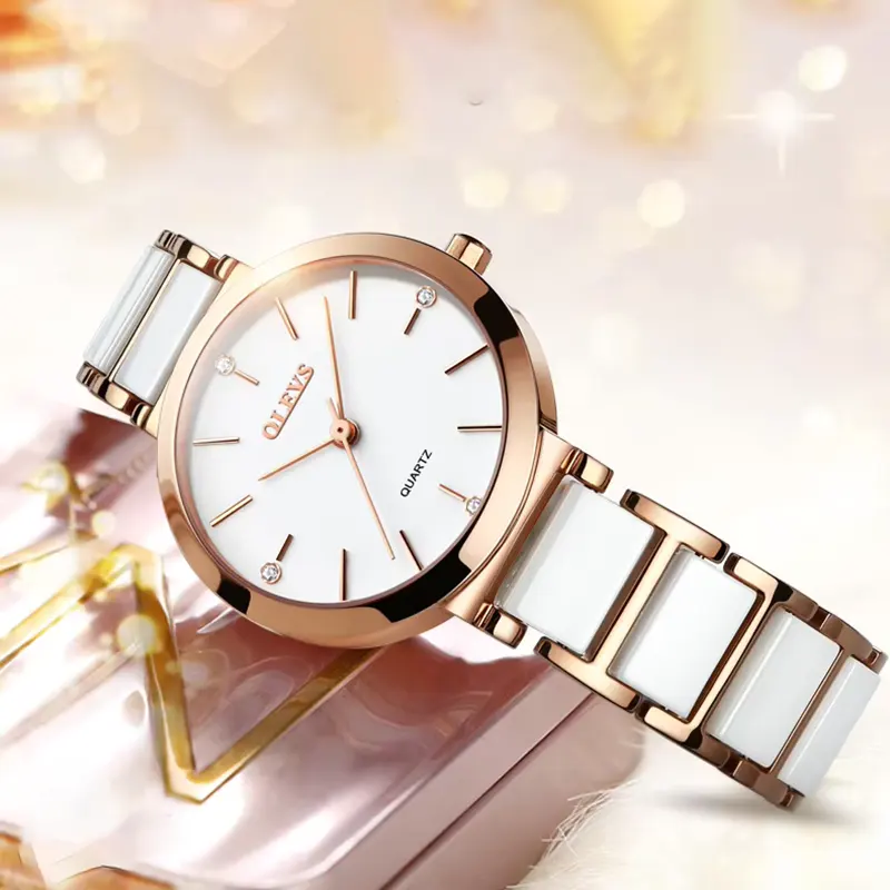 Olevs Luxurious Ceramic White Fashion Ladies Watch- 5877